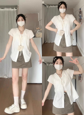 速发法式白色夏士季新款正肩衬衣开衫薄松宽款外搭v领上衣