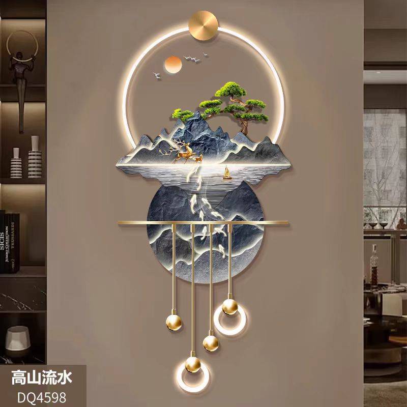 高山流水玄关装饰画山水高档立体LED壁灯新中式入户走廊过道挂画图片