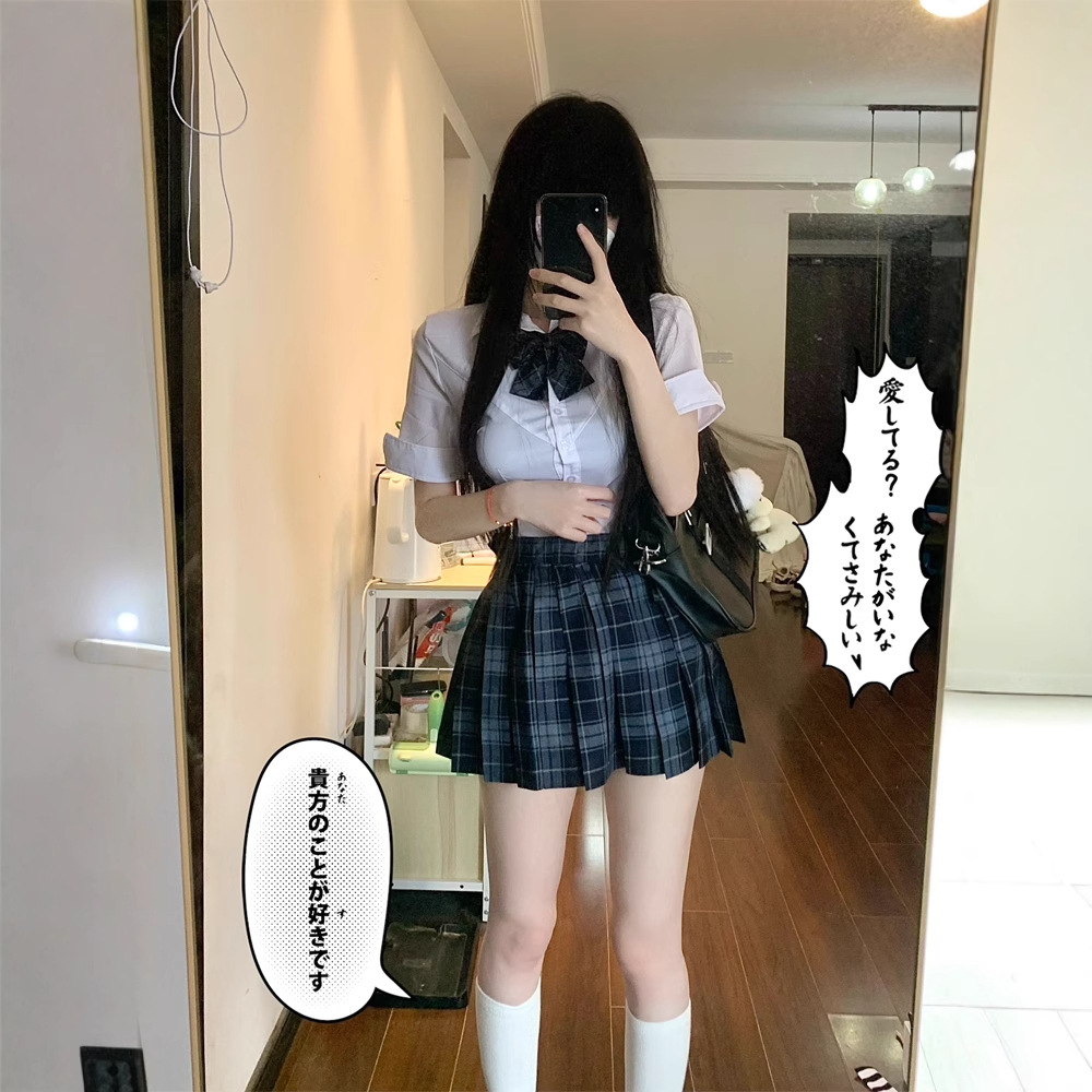 原创火星家JK制服裙正版高腰百褶裙女狗短淑格裙弹力收腰衬衫套装