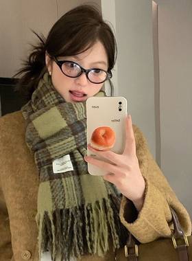 春野森川｜秋冬高级感ins绿色格纹围巾 保暖学生围脖护颈百搭