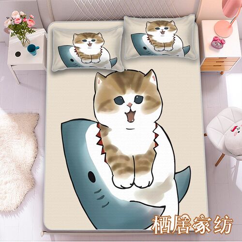 鲨鱼猫卡通夏凉席空调席儿童v卧室单双人床1.5m夏季冰丝席子可机