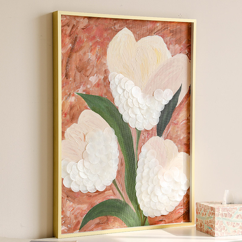 现代简约a背景墙拼贴贝壳装饰画手绘彩绘花卉油画客厅卧室玄关挂