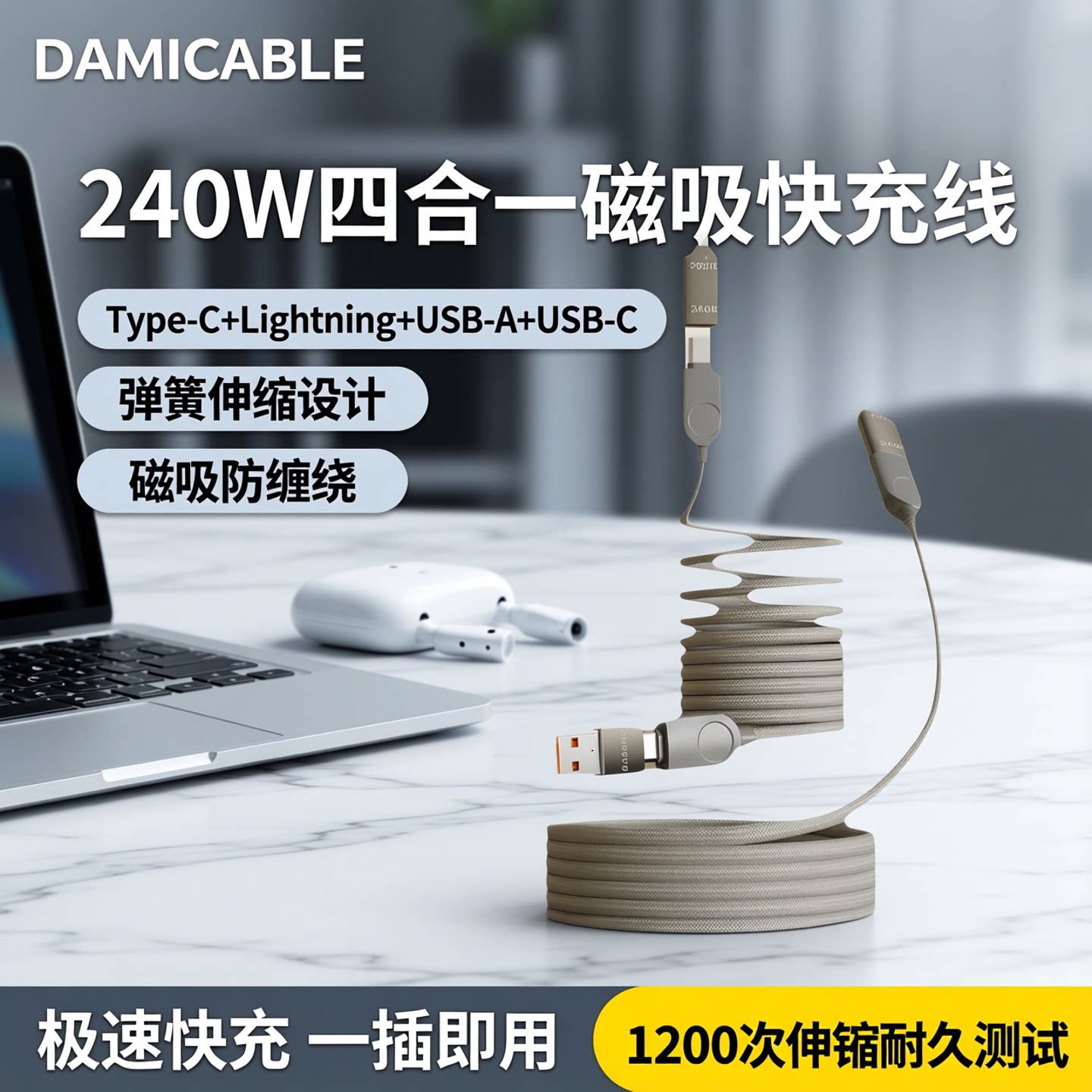 倍魔240w四合一磁吸数据线自带弹簧伸缩线双线快充线Type-C16安卓手机充电线图片