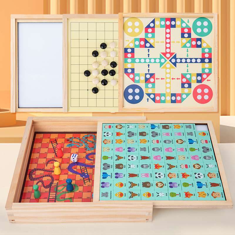 儿童木制趣味五合一消消乐玩具飞行棋五子棋画板多功能益智游戏棋