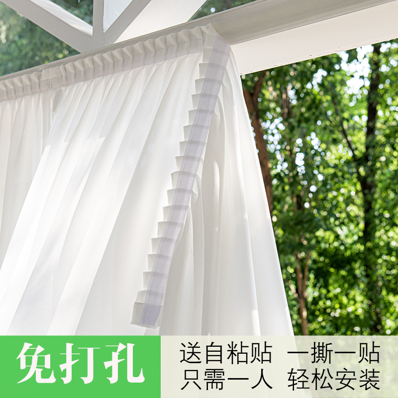 简易魔术贴纱帘窗纱飘窗阳台白色短帘免安装窗帘遮阳卧室防晒沙帘