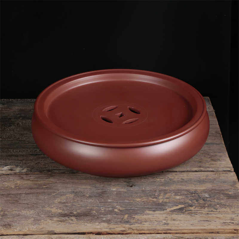 家用圆形鼓形紫砂茶盘 精品潮州工夫茶具复古铜钱 简约朱泥小茶船