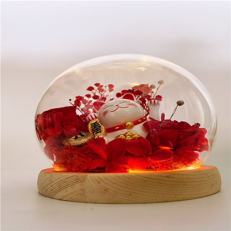 招财猫永生花diy手工水晶球玻璃罩小夜灯生日礼物亲子活动团建
