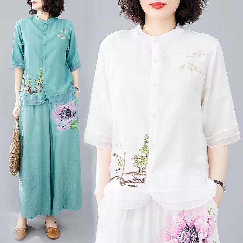 太极服棉麻套装七分袖春夏太极拳表演服飘逸练功服茶服禅修