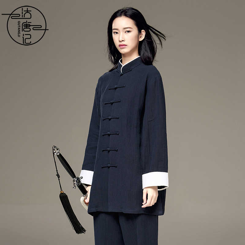 沽唐记水波纹加厚棉麻太极服女 秋冬季春男太极拳练功服表演