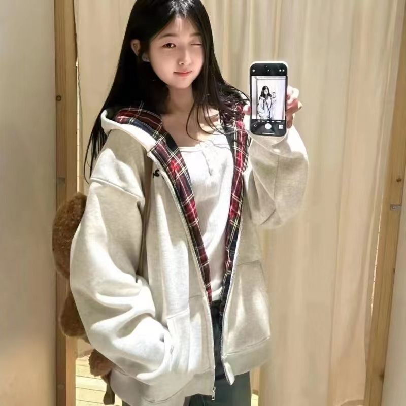 女童拉链连帽外套2025春装新款初高中生灰色格子时尚洋气上衣外套