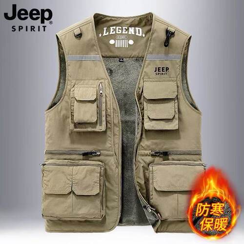 JEEPSPIRIT工装马甲夏季户外多口袋钓鱼背心秋冬加绒加厚摄影外套