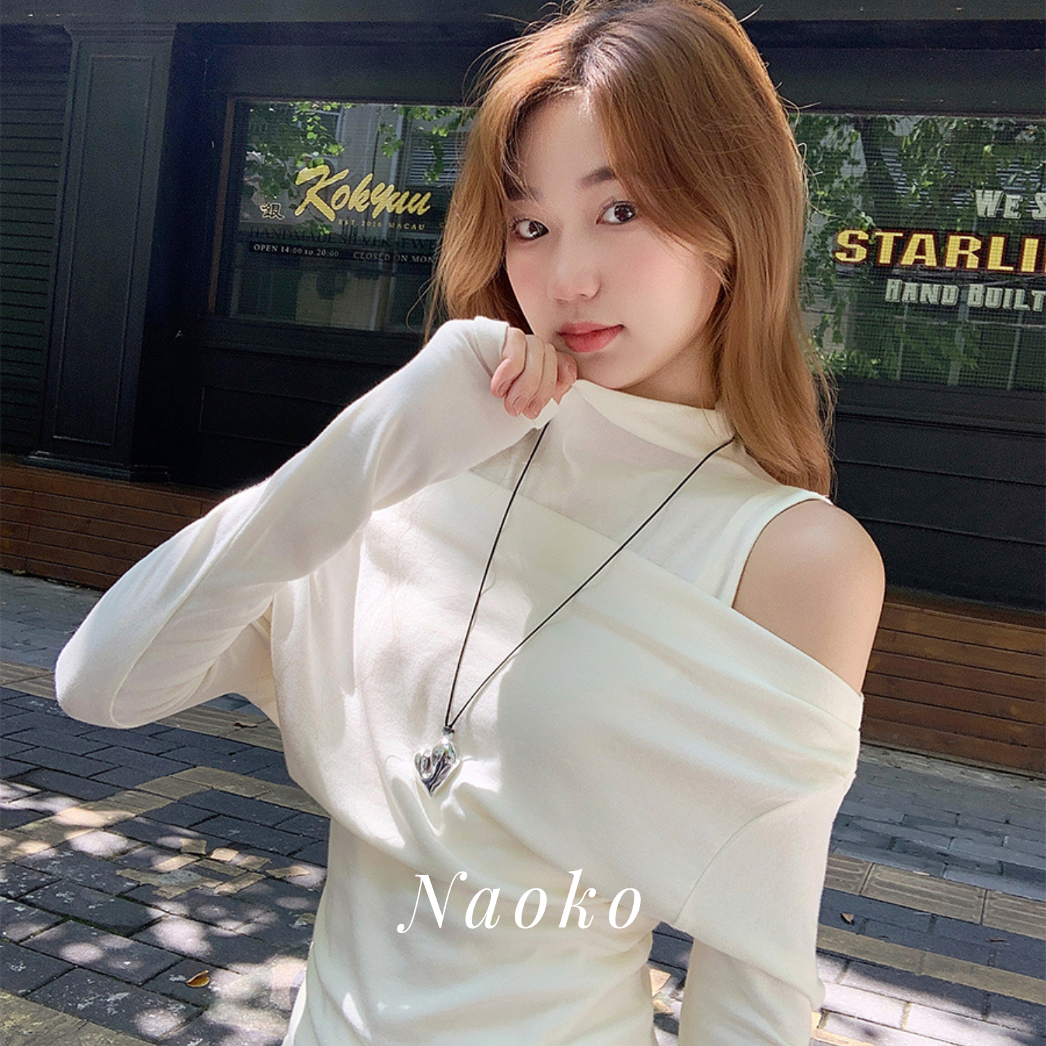 Naoko直子 韩系气质一字肩假两件露肩高领长袖秋冬内搭显瘦上衣女