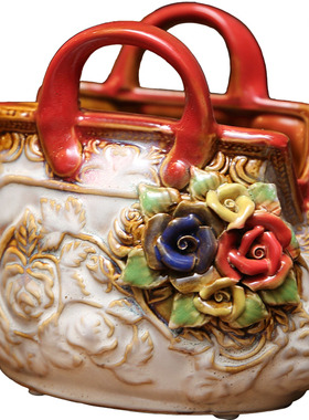 热销田园手工玫瑰浮雕釉面包包装饰花器文艺花器