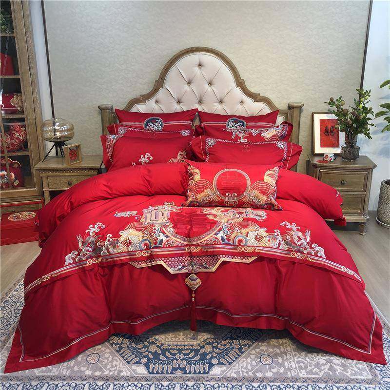 结婚季丨高档中国风婚庆四件套全棉一龙一凤大红色刺绣十件套备婚