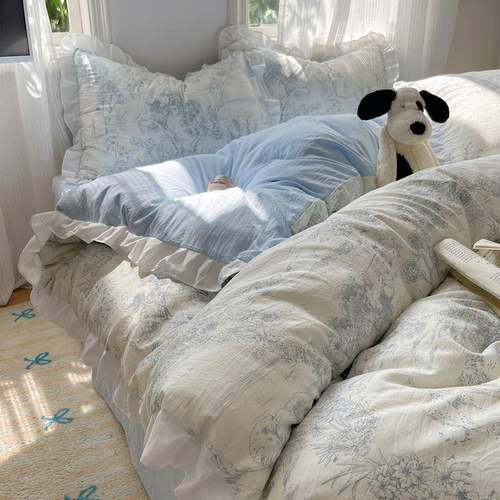 韩系花边款水洗棉四件套夏天小清新彩色点点床单被套宿舍床上用品