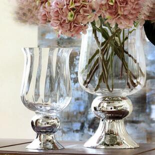 美式乡村富贵竹竖纹镀银底座高脚玻璃花瓶透明