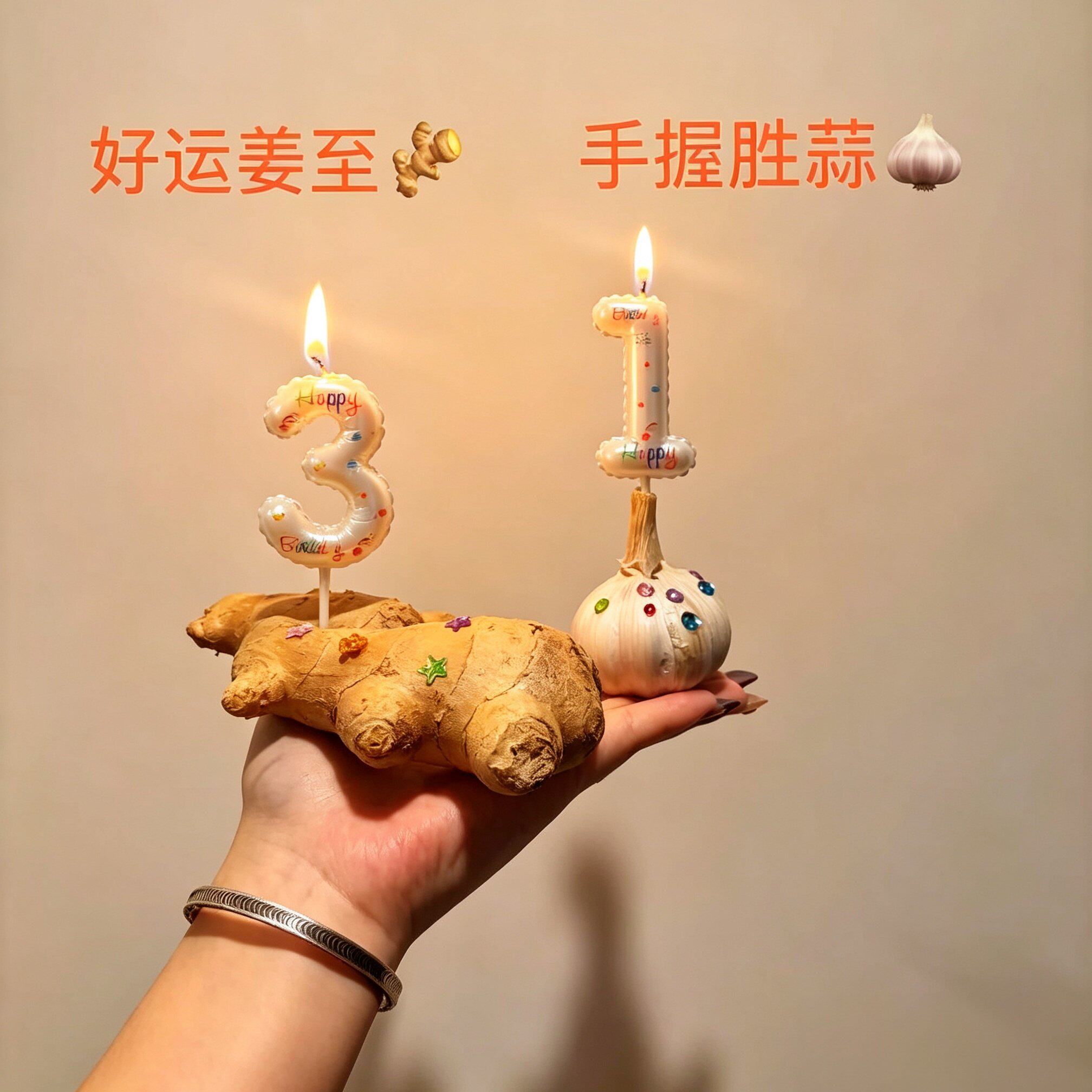 好运姜至!生日数字蜡烛手握胜算蛋糕钻石贴纸装饰氛围感拍照神器