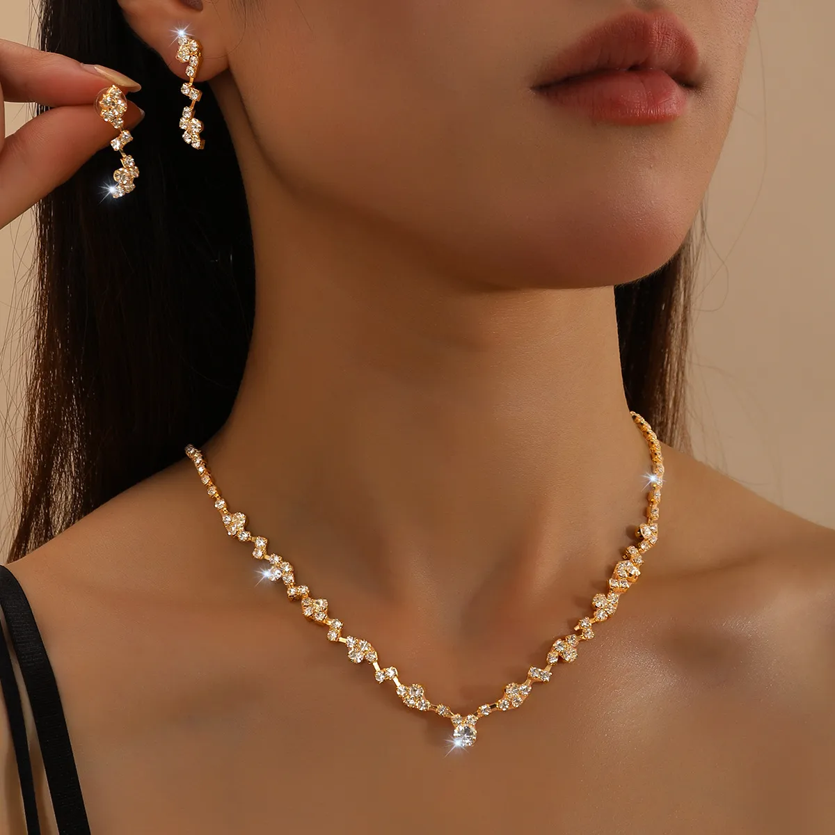 跨境热卖2025时尚简约新娘配饰银色金色水钻项链耳环手链戒指套装,饰品/流行首饰/时尚饰品新,组合套装,淘宝优惠券,粉丝福利购,淘宝优惠卷