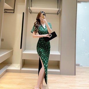 速发端色印花豹纹连衣开款 高绿性感V领褶皱裙叉包臀裙长裙