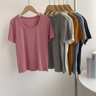 速发纯欲风U季 夏领美恤纯色高腰舞蹈服练功服打底上衣 T式