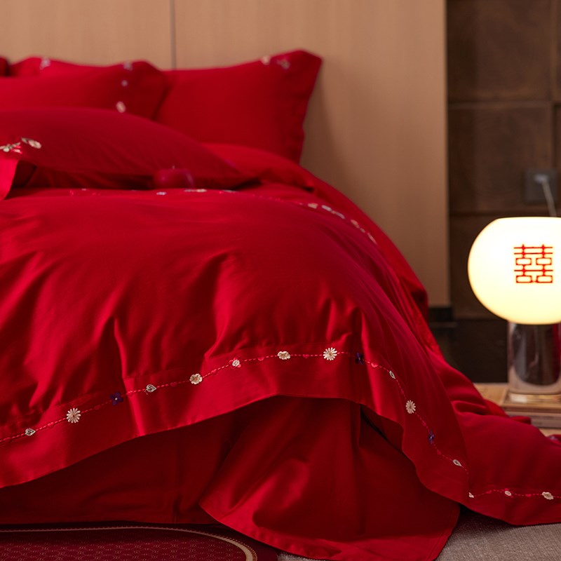 速发【】A类婚庆红色小花1套0S长全棉四件0绒棉结婚