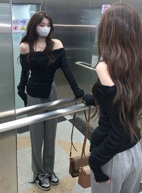 速发性感一字长黑色肩袖t恤早不则规纯欲辣妹打底上衣