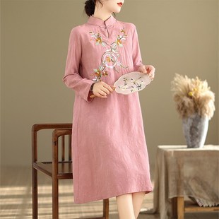 盘扣提花袍旗 连衣裙春宽松中长款 速发民族风中式 复古刺长棉麻绣袖