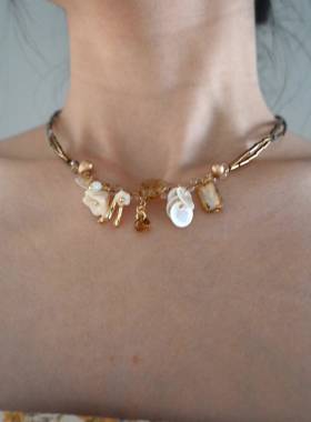 原创设计双层项炼女棕色覆古水晶花朵米珠锁骨炼choker