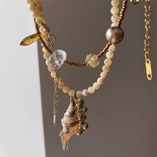 原创手作 复古Vintage石海螺串珠项链 金色梦境