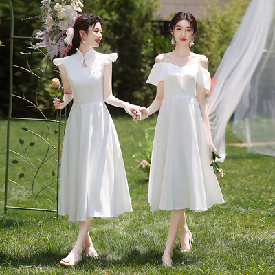 速发白色伴娘服小个子领证高级小众姐妹团中长裙平时可穿连衣款礼