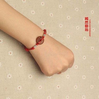 速发转运珠桃木平安扣红绳手链/脚链情侣红手绳男本命年