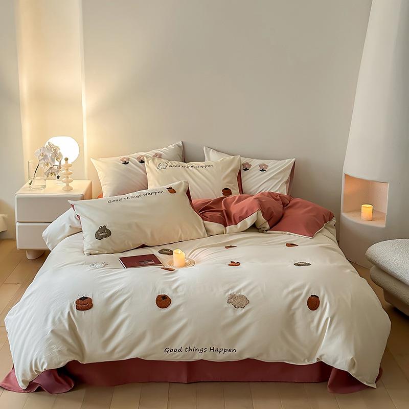 秋加厚冬100支棉刺绣100支全磨毛四件套小清新纯棉床单儿三童被套