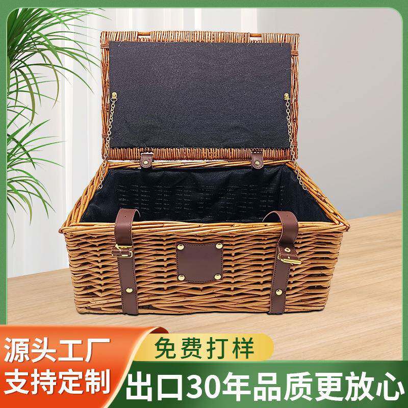 外柳条编织筐野餐篮手提藤篮带75675盖户野餐大子天然框环保条畅