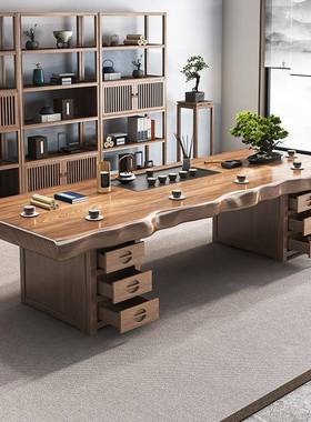 原木3米整板家室喝茶桌办公洽谈UGV茶台用大板子实木茶桌全套