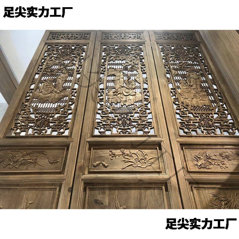 QSCW中做旧屏8风折叠隔断室仿古实木镂空折屏办公酒式店东阳木雕