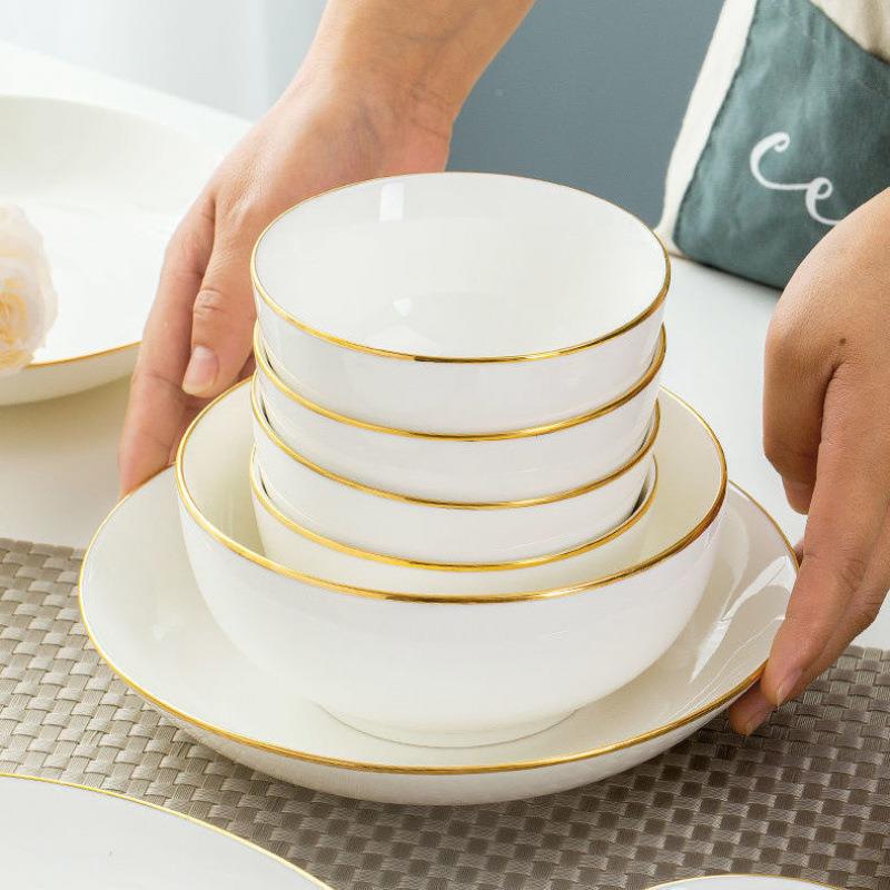 素力金边碗碟盘套日家用式轻奢餐具陶碗盘瓷碗FUU装筷盘子吃饭碗