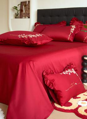 高刺端10支绒棉婚庆四件套长绣结婚床上用0品红色备婚KRX房喜被嫁