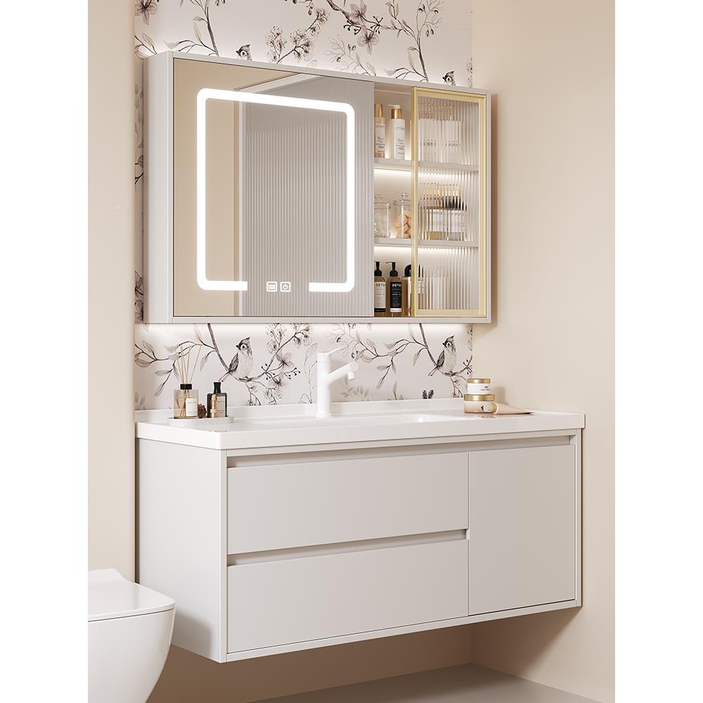 my款奶油风智能镜实新F775H6S9木浴洗室柜柜组合陶瓷一体盆手脸卫