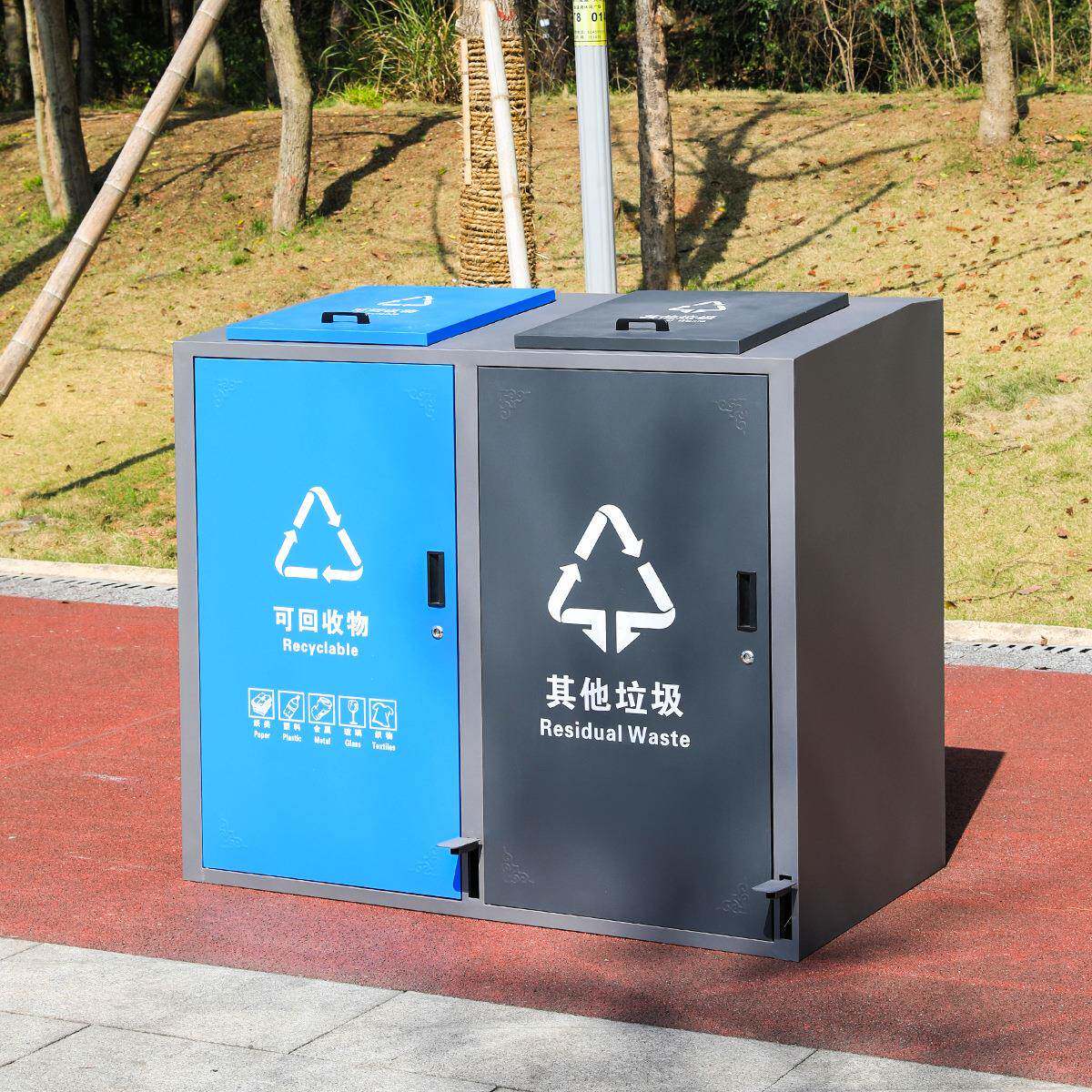 户方外带盖方形社区商用大垃圾便量桶大容脚踏四分类不锈钢172垃