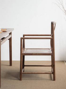 5V中新式茶椅椅子茶台实木主人椅办F765SSSH公小圈椅黑桃木书桌椅