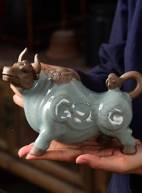 紫砂RJ202011茶摆件祥创牛陶瓷意哥窑养窑开片可精品茶道配件茶桌