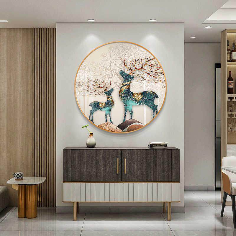 发财鹿财入户玄装TID饰形画圆现代客厅餐厅画墙壁画走廊过道关挂