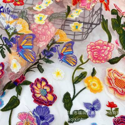 立体36212花面新多色绣花网纱刺面料双色多色刺品绣料彩色花边面