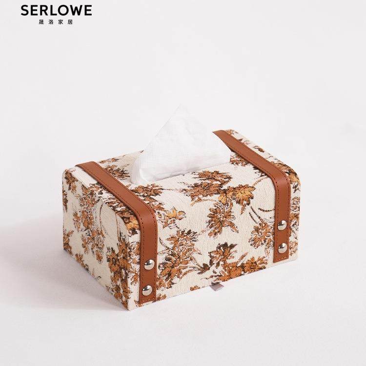 复古革金丝花纸巾盒酒民宿高档软装皮提铆钉抽纸盒HDB摆店件