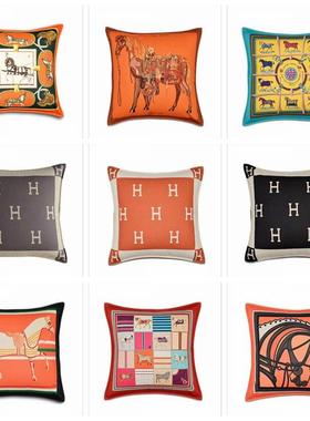 BC0美式轻1奢F76M6H7S橙色爱马家居沙绒发抱枕套靠套背样板间布床