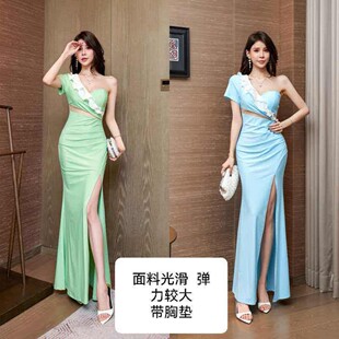 新款性感单肩抹胸长裙高端轻奢漏腰开叉晚礼服时尚气质修身连衣裙