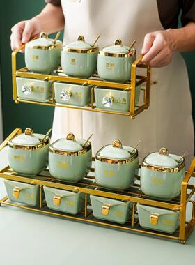 WBZ7收陶瓷奢轻调料盒味罐厨房方形调调料罐子绿色家用KAW抽屉纳