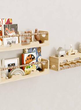 儿童书房挂19062收纳带毛巾杆展示架悬壁挂墙上架木质玩偶架架木