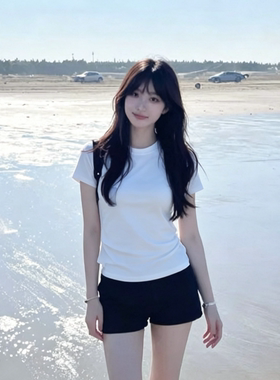 简约基础百搭纯色圆领短袖T恤女装夏季独特绝美掐腰显瘦正肩上衣