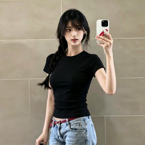 黑色修身显瘦辣妹短袖T恤女
